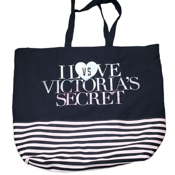 Victoria's Secret Blavk & Pink Striped Weekend Tote - Picture 1 of 5